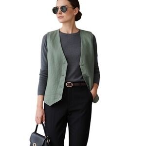 Quince Women Light Cargo Green 100% European Linen Vest Size M Minimalist Casual